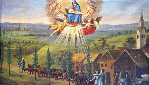 Votivbild mit dem längsten Tux-Zillertaler Viehtrieb an die Wolga im Jahr 1848.