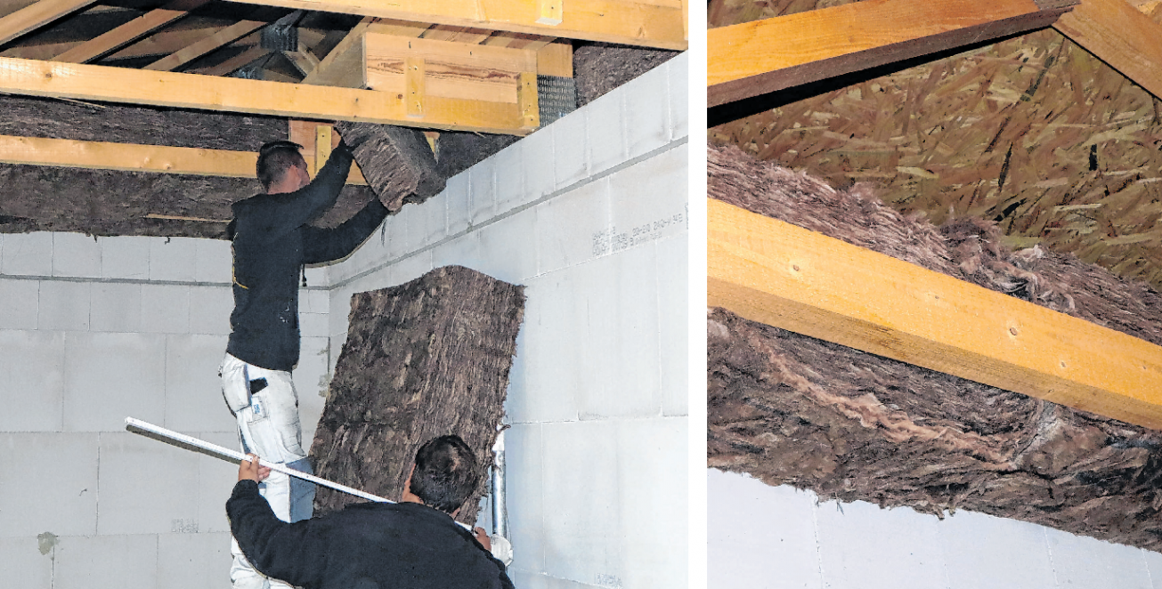 Gegen Wärmeverlust in der Wohnanlage wird die Dachdecke mit insgesamt 38 Zentimeter dicker Mineralwolle gedämmt. Bauherr Alexander Wolf misst mit dem Zollstock nach. Fotos (4): Anna Pröschild