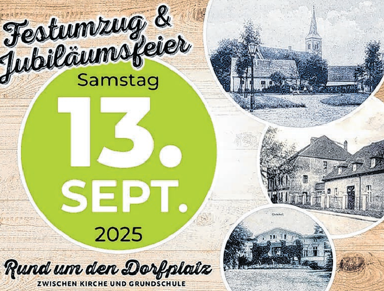 Das Thema der 650-Jahr-Feier „Von damals bis heute“ veranschaulichen die offiziellen Ankündigungsplakate und Flyer zum Fest. Foto: Gemeinde Mühlenbecker Land