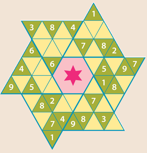 Stern-Sudoku, Die Zahlen von 1 bis 9 sollen in den stark umrandeten Drei-ecken sowie in den waagrechten und diagonalen Geraden jeweils genau ein Mal vorkommen. Zu den Geraden mit nur acht Feldern zählt das Feld in der Sternecke dazu. Grafik: Deike-Verlag