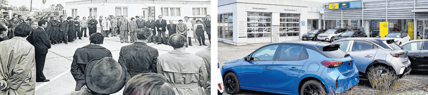Fotos von einst und jetzt: Fast 50 Jahre zurückliegt die linke Aufnahme, die eine „Freiluft-Versammlung“ einfing (Teile des heutigen Komplexes sind noch erkennbar), rechts das heutige Schwedter Autohaus für die Marken Opel und Ford.