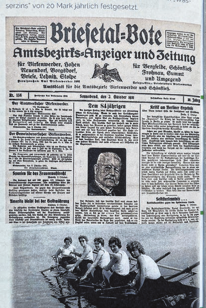 Der Briesetal-Bote zeigte 1935 die Gründung an. VEREINSCHRONIK RV BIRKENWERDER