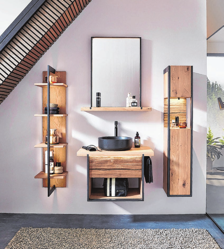 Das Badezimmer kann komplett mit ein und derselben Kollektion eingerichtet werden - vom Schrank über das Regal bis hin zum Waschtisch.
