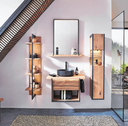 Das Badezimmer kann komplett mit ein und derselben Kollektion eingerichtet werden - vom Schrank über das Regal bis hin zum Waschtisch.