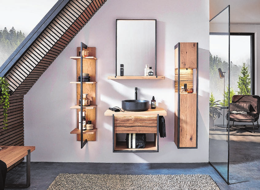 Das Badezimmer kann komplett mit ein und derselben Kollektion eingerichtet werden - vom Schrank über das Regal bis hin zum Waschtisch.