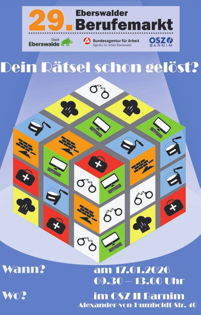 Das Veranstaltungsplakat für 2026 mit dem Titel„Dein Rätsel schon gelöst?“ hat Vanessa Meister vom OSZ II Barnim entworfen.