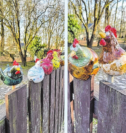 Der Markt von Kunsthandwerkern aus der Region hat einige Überraschungen zu bieten. Da gucken nicht nur die Hühner neugierig über den Zaun. Keramik und Foto: Bettina & Lisa Kermer