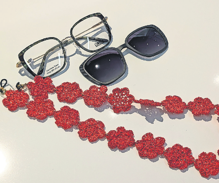 Clip-on-Brille, dazu das Comeback der Saison, das gute alte Brillenband.