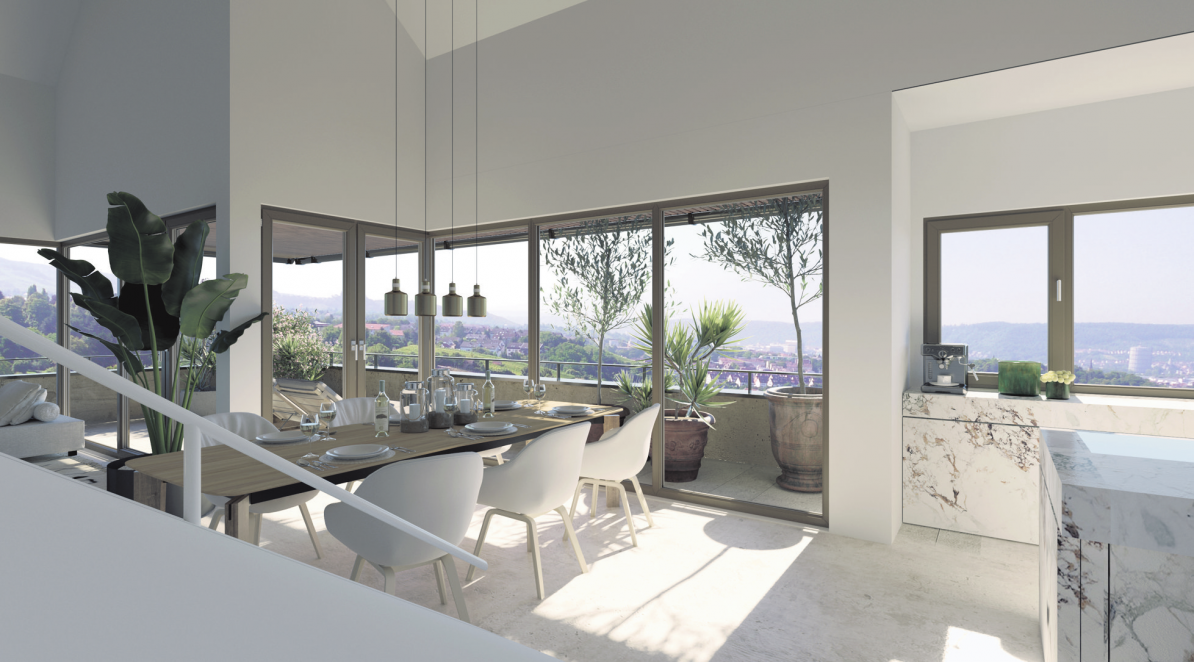Dinner mit Blick ins Neckartal? Für den oder die neuen Eigentümer könnte das zum schönen Alltag werden. Visualisierung: PlanQuadrat Stuttgart