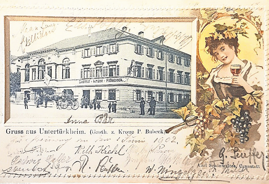 Die Grußkarte vom Gasthaus Krone anno 1902 ist in einer Ausstellung zu sehen. Foto: Bürgerverein