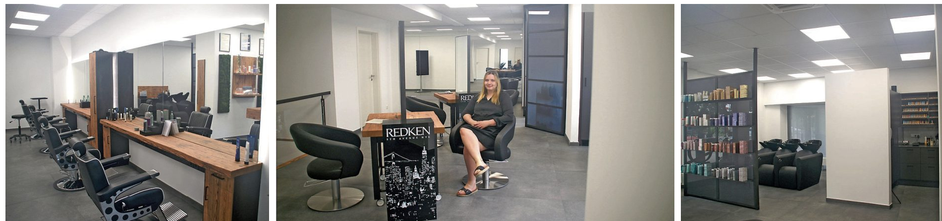 Der neue Friseursalon von ,doormann - No. 1 cut & more“ in der Horber Neckarstraße 20 überzeugt in allen Bereichen: Das linke Bild zeigt den Herrenbereich, das rechte Bild hochmoderne Damenwaschbecken. Im Bild in der Mitte sitzt Laura Doormann in ihrer neuen, im zweiten Stockwerk beheimateten Friseur-Akademie.