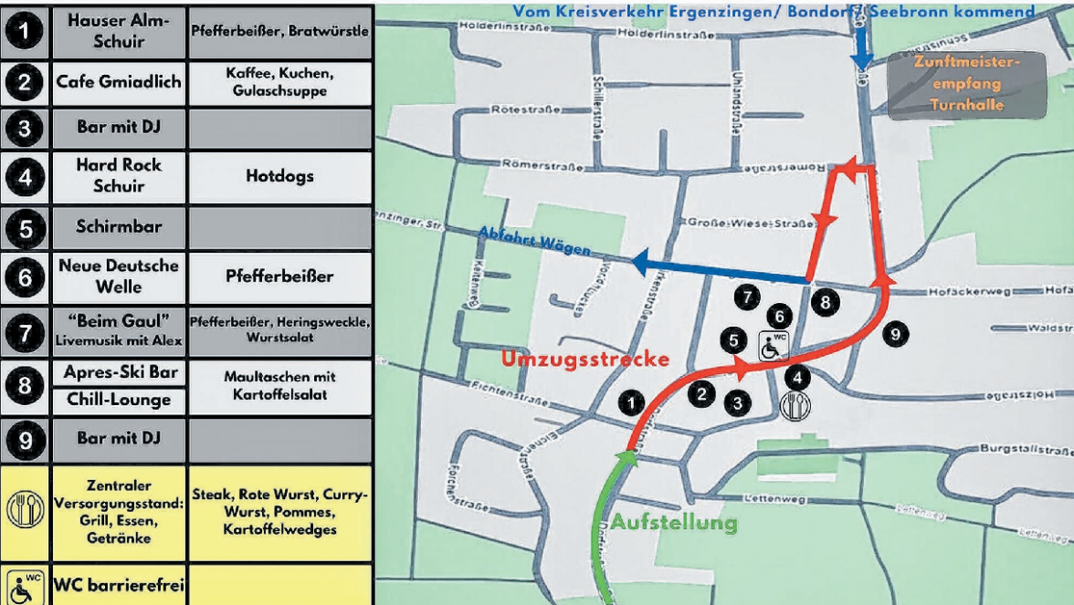 Dieser Lageplan zeigt, wo am Samstag die Umzugsstrecke verläuft und wo welche Schuir zu finden ist. Grafik: Narrenzunft Wolfenhausen