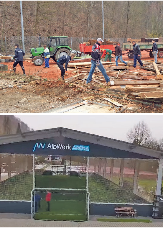 Aus dem Tennisplatz samt Geräteschuppen entsteht die moderne Albwerk-Arena, in der seit Oktober 2016 Tore bejubelt werden.