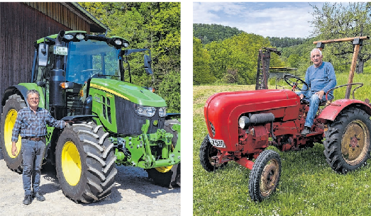 Am Sonntag findet der große Umzug mit rund 60 Dettinger Schleppern statt. Neben Oldtimern gibt es auch hochmoderne Modelle zu sehen. Zum Jubiläumsfest erscheint zudem ein Karten-Quartettspiel mit lokalen Traktoren wie dem Porsche Diesel Junior 108 von 1960 (rechts) und dem John Deere 6100M (links). Fotos: Edgar Schaupp