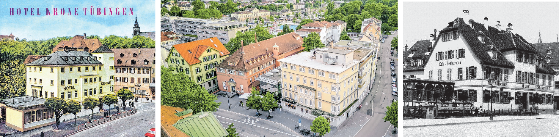 Das Hotel Krone im Bauhaus Stil aus den 1930er Jahren; daneben eine aktuelle Drohnenaufnahme, die die Größe des Hotels verdeutlicht und ganz rechts die 1890er Jahre nach dem ersten Umbau. Fotos: privat