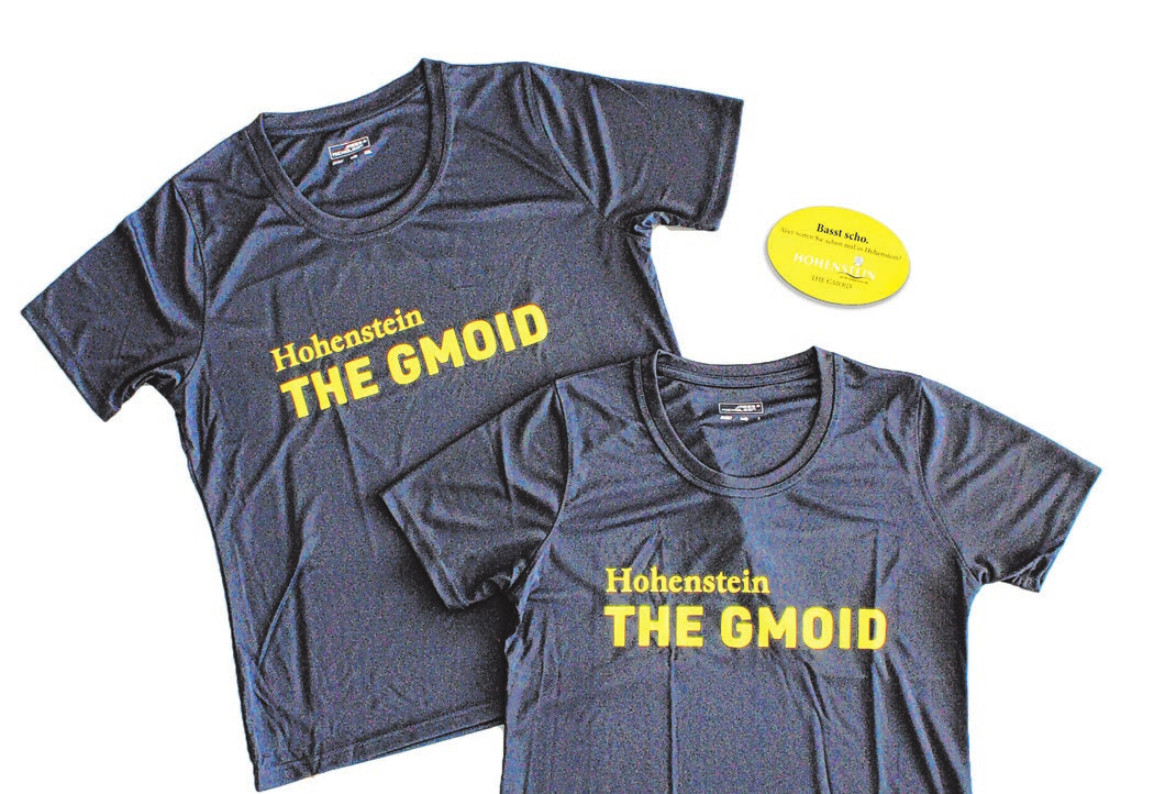 Zum Jubiläum gibt es einzigartige Souvenirs wie zum Beispiel T-Shirts mit der Aufschrift „Hohenstein The Gmoid“.