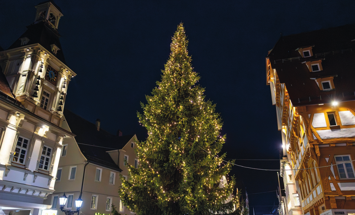 Deutschland, Geislingen a.d. Steige: Ein prächtiger Weihnachtsbaum steht in der Fußgängerzone zwischen dem Alten Zoll und dem Alten Rathaus. Foto: Markus Sontheimer/GZ