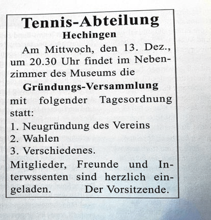 Die Annonce zur Gründung am 13.12.1950 in der HZ.