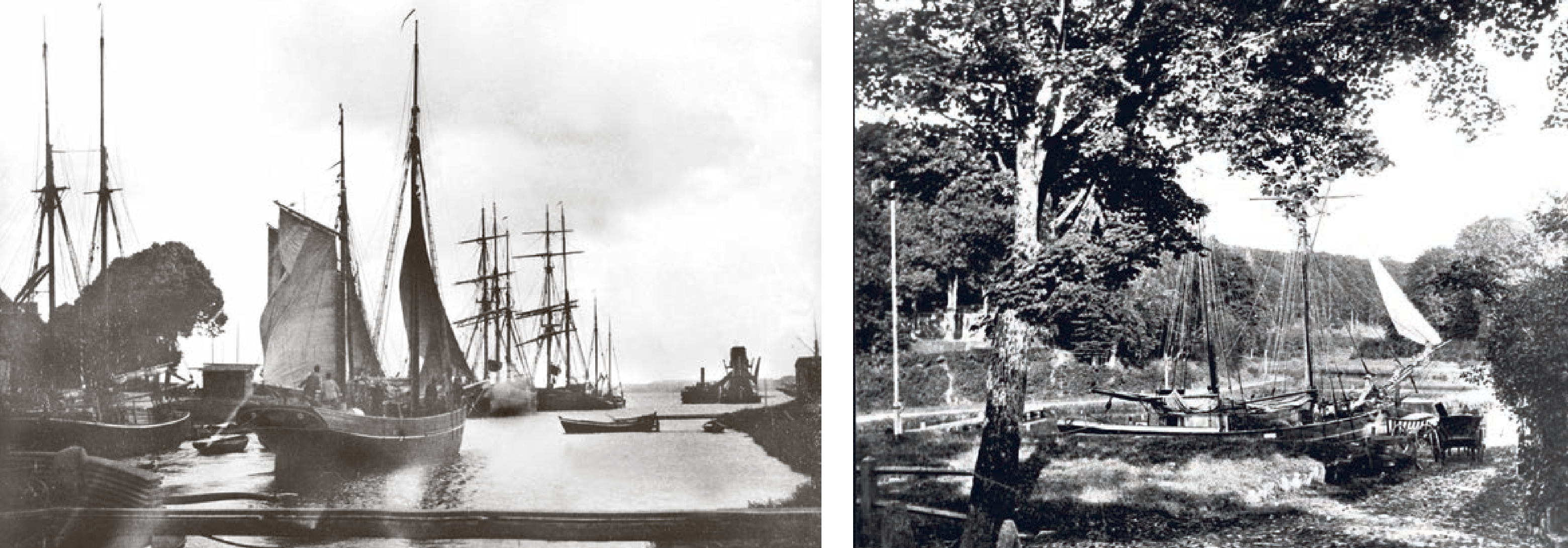 Das Foto links dürfte eine der ältesten Aufnahmen zum Eiderkanal sein. Es zeigt die Ausfahrt bei Holtenau um 1887. Das Foto rechts entstand an der Ladestelle Knoop. Die Idylle trügt. Die Arbeit der Decksmannschaften insbesondere beim Be- und Entladen war hart. SAMMLUNG DR. JÜRGEN ROHWEDER