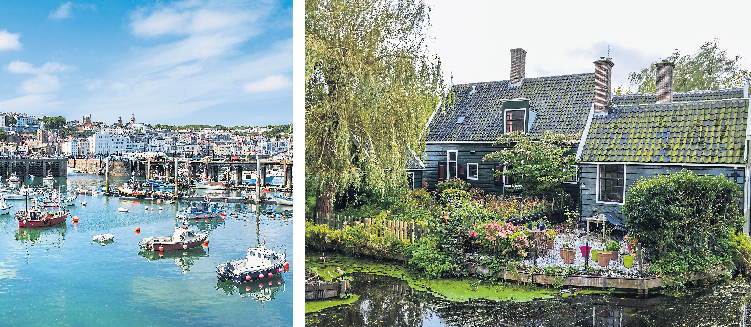 Links: St. Peter Port, die farbenfrohe Hauptstadt der Insel Guernsey. Rechts: Ein traditionelles Cottage umgeben von einer romantischen Gartenanlage. Fotos: C.