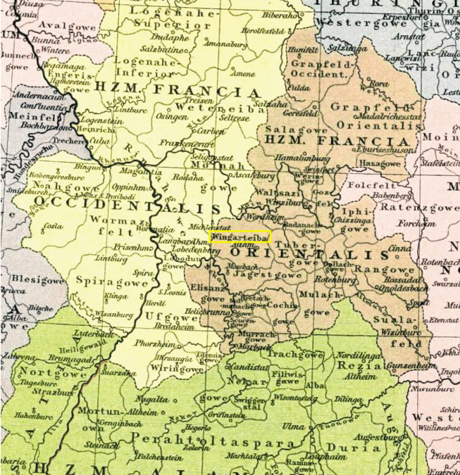 Im Allgemeinen historischen Handatlas in sechsundneunzig Karten mit erläuterndem Text" von Gustav Droysen aus dem Jahr 1886 ist diese Karte ,,Deutschland um das Jahr 1000" enthalten. In ihr ist der altfränkische Gau ,,Wingarteiba" verzeichnet (hier gelb umrahmt), der bei der Nennung von Schillingstadt im Lorscher Codex erwähnt wird. Quelle: Thüringer Universitätsund Landesbibliothek Jena https://kxp.k10plus.de/DB=2.1/DB=2.1/PPN?PPN-020528566