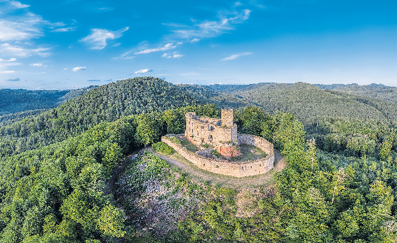 Vom Turm der Burgruine Gräfenstein hat man ein fantastisches 360°-Panorama über den Naturpark Pfälzerwald. Foto: Dirk Weber