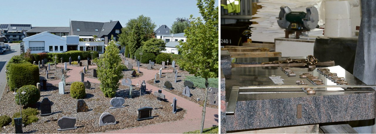 In der großzügigen Ausstellung der Firma Kerkhoff Grabmale gibt es Grabsteine in vielen verschiedenen Ausführungen, auch was Form und Farbe angeht. In der hauseigenen Werkstatt werden die Beschriftungen der Grabmale vorgenommen.