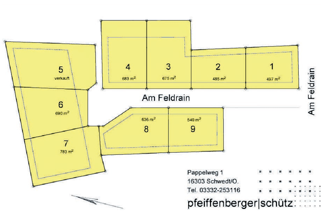 Viel Platz: Acht der neun Grundstücke im „Passower Feldrain“ sind noch zu haben. Plan: IB Pfeiffenberger + Schütz