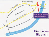 Die Anfahrtskizze zum neuen Firmensitz in der Kieler Str. 213-215, nahe der Nobiskrug-Fähre. FOTO: KERWEL
