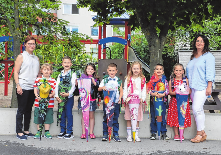 Die Schülerinnen und Schüler der Klasse 1 Flex B der Gustav-Bruhn-Grundschule in Angermünde: Charlotte Grambauer, Lena Maria Hepner, Joona Janz, Felix Anton Hans Kluge, Willi König, Melina Amina Stefanie Misera, Matti Oberbeck, Klassenlehrerin in Vertretung Frau Matthes