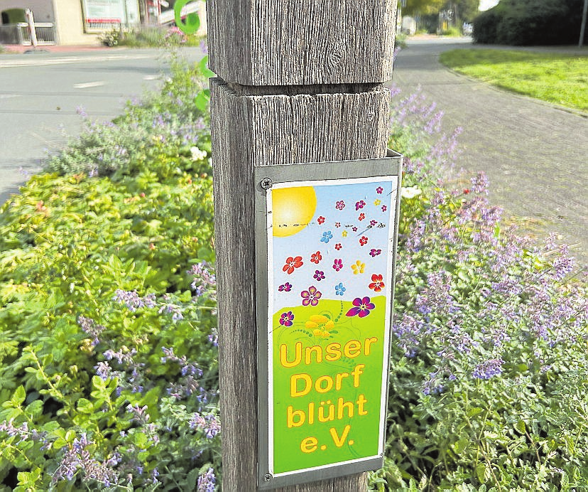 Diese Schilder finden sich rund um den Dorfplatz und zeigen, wer die schönen Beete angelegt hat. FOTO LAURA PIATKOWSKI