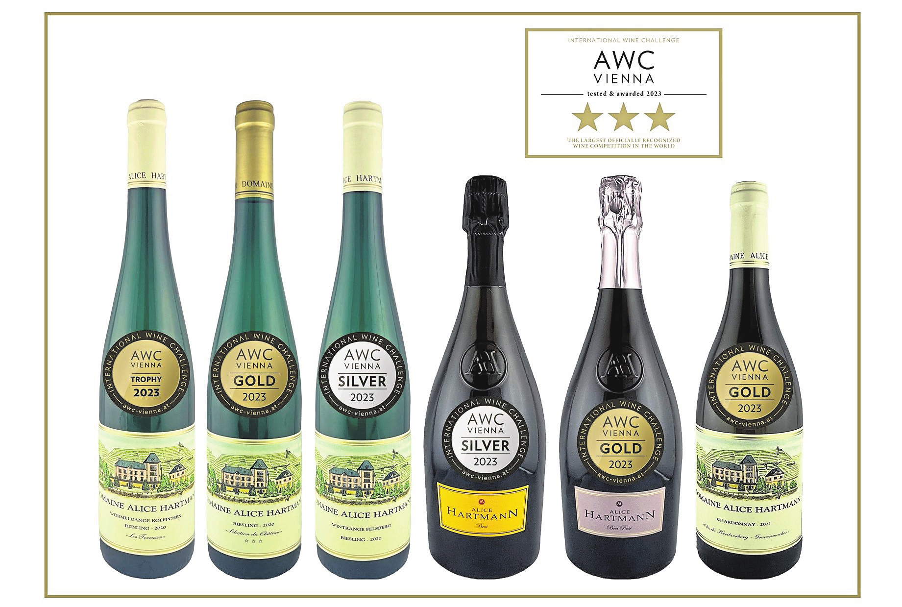 Die Domaine Alice Hartmann wurde beim Weinwettbewerb AWC Vienna mit drei Sternen ausgezeichnet und befindet sich damit unter der Top-Elite der 1514 Teilnehmer. Der Riesling„Les Terrasses“2020 (Goldmedaille) belegte den 1. Platz unter allen Rieslingen in seiner Kategorie, der Riesling, Sélection du Château“ 2020 (Gold) den dritten. Mit Gold wurden auch der Chardonnay „Clos du Kreitzerberg“ 2020 und der Crémant Hartmann Rosé Brut prämiert. Silber ging an den Riesling „Wintange Felsberg“ 2020 sowie an den Crémant Hartmann Brut.