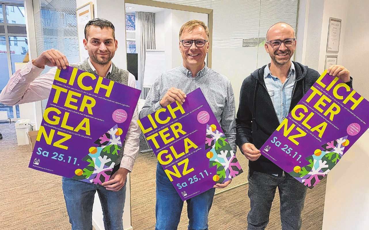 Sie präsentieren den Hechinger Lichterglanz 2023 (von links): Jan Gnoth, Thomas Sigg und Rainer Weith vom Stadtmarketingverein. Foto: Hardy Kromer