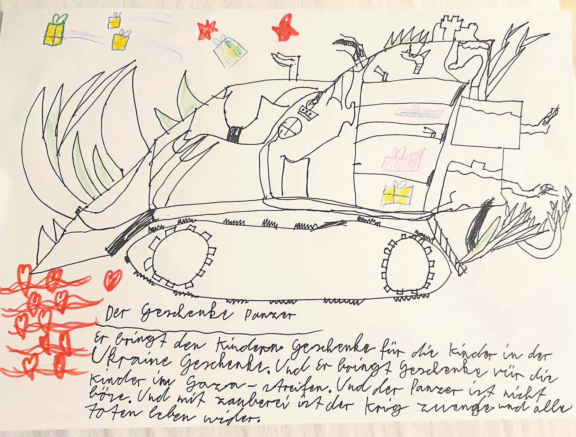 Eine Einsendung von Kristine Gerneer: Viele Kinder sind betroffen von den schrecklichen Kriegen in Europa. Karl malt öfter Bilder und versucht, Krisensituationen positiv umzuschreiben. Zu Weihnachten darf ein Panzer nur zaubern... (Karl Gerner 8 Jahre alt, 3. Klasse).