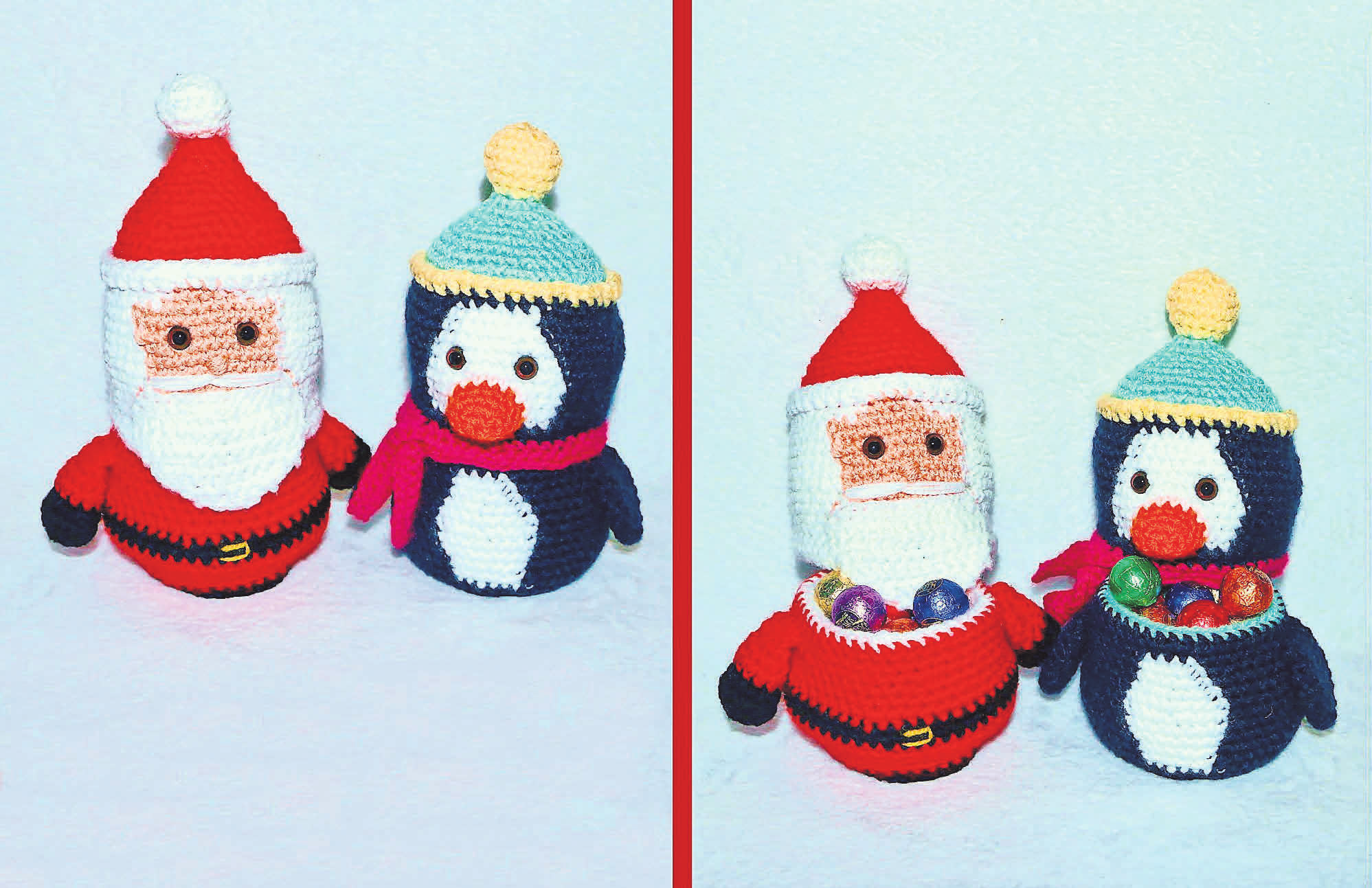 Ein Kunstwerk von Christina Knuth: Ich liebe Häkeleien „mit Pfiff“: Der Weihnachtsmann und der Pinguin verbergen in ihrem Inneren eine süße Überraschung.