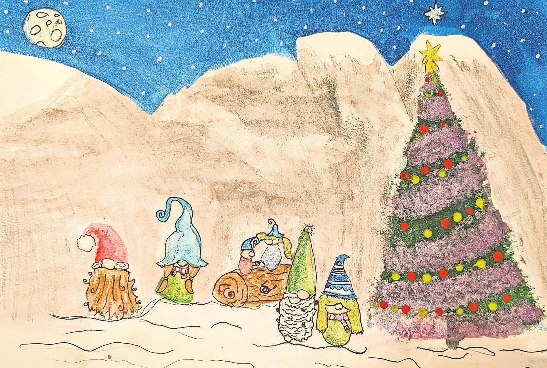Eine Einsendung von Jana Rabe: Lena (10 Jahre) hat sich vorgestellt, wie wohl eine kleine Wichtelfamilie Weihnachten feiert. Lena hat das Bild mit Aquarellfarben gemalt. Auf dem Originalbild glitzern der Himmel und die Berge.