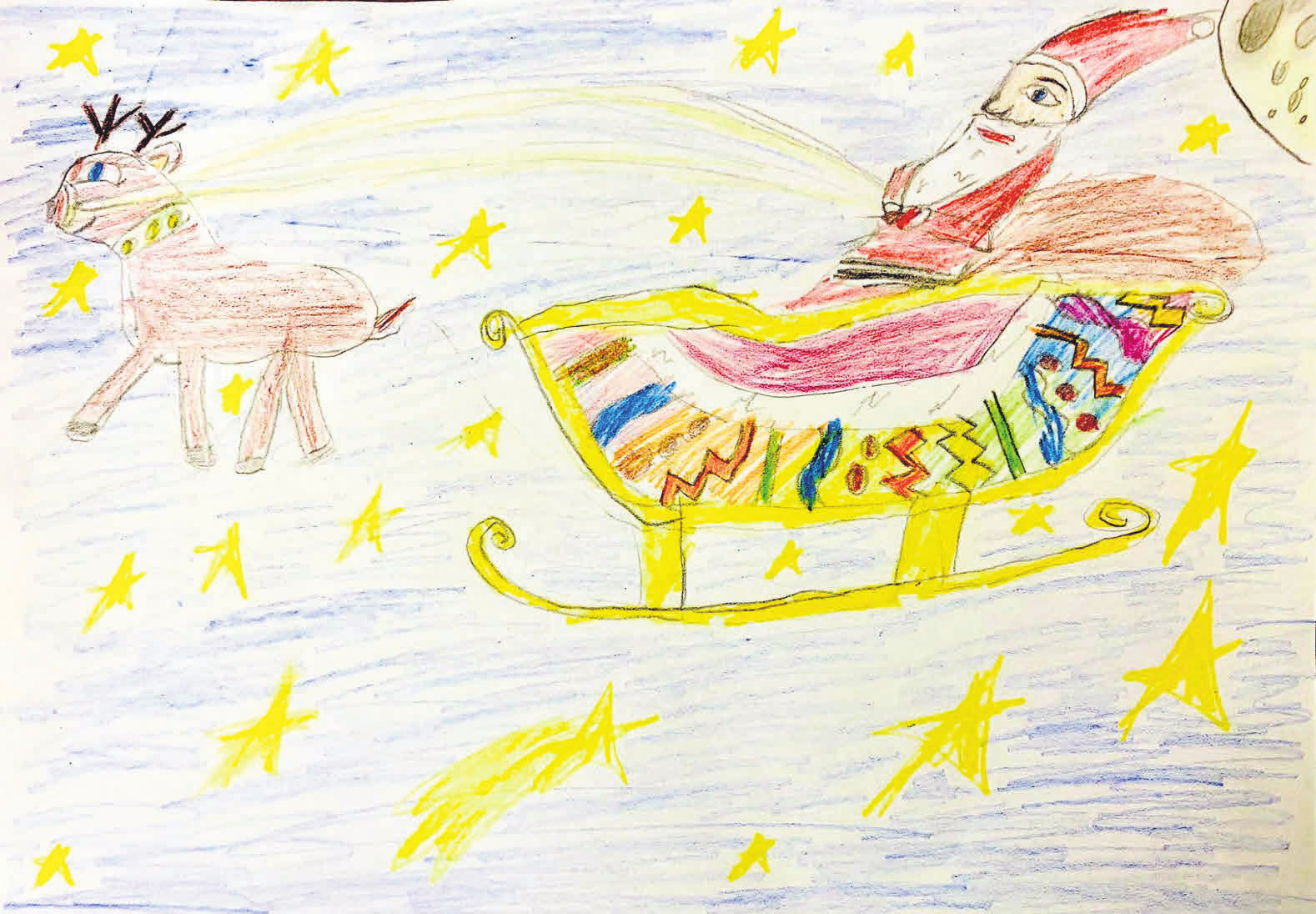 Eine Einsendung von Konstantin Jugan: Der Weihnachtsmann fliegt in der Weihnachtsnacht in seinem Schlitten mit dem Rentier die Geschenke verteilen. (Julietta, 8 Jahre)