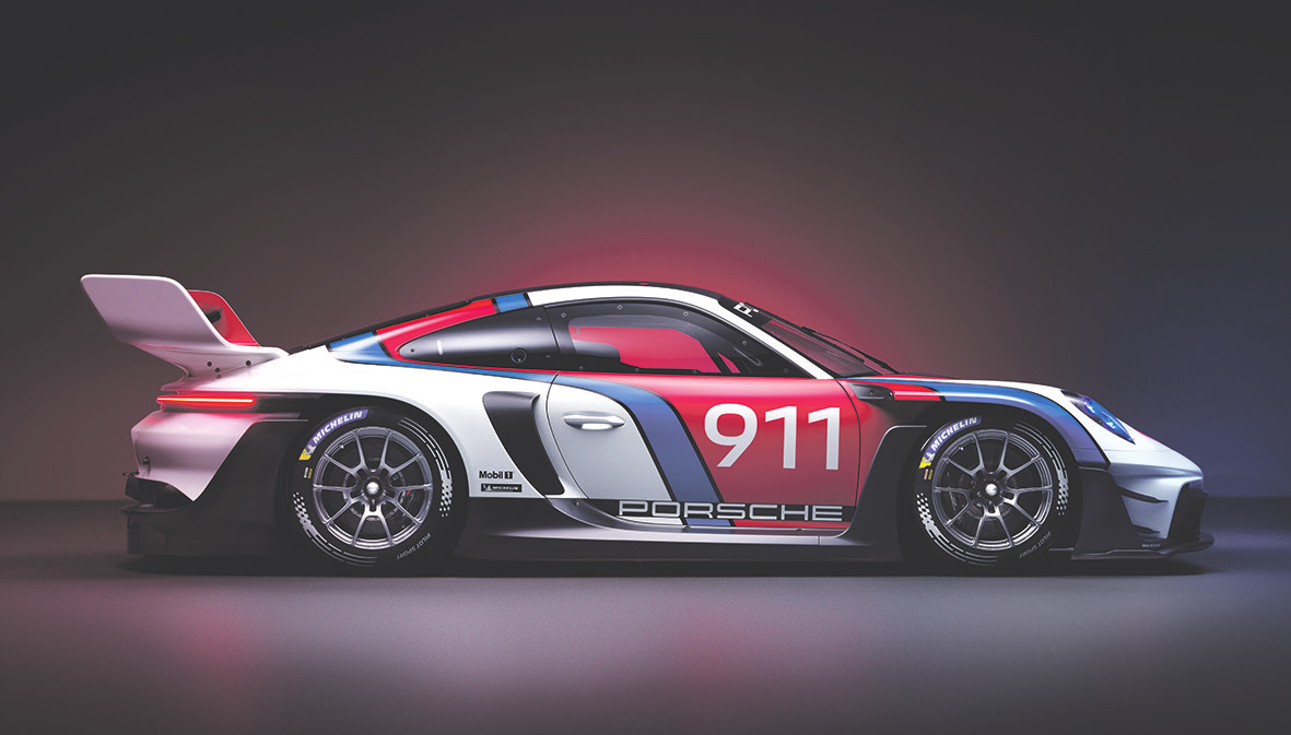 Als dominierende Design-Komponente am Heck des Porsche 911 GT3 R rennsport stellt sich der mächtige Heckflügel dem Fahrtwind entgegen