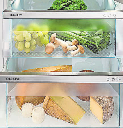 BioFresh hält Wort: In den modernen Liebherr-Kühlgeräten bleibt Obst und Gemüse, Fleisch und Fisch länger frisch.