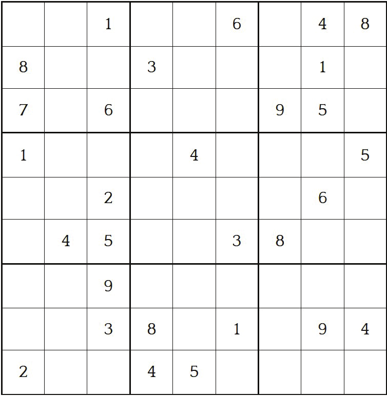Das aus 81 Feldern bestehende Quadrat muss so vervollständigt werden, dass in jeder Zeile, jeder Spalte und jedem Neunerblock jede Ziffer zwischen eins und neun nur ein einziges Mal vorkommt.