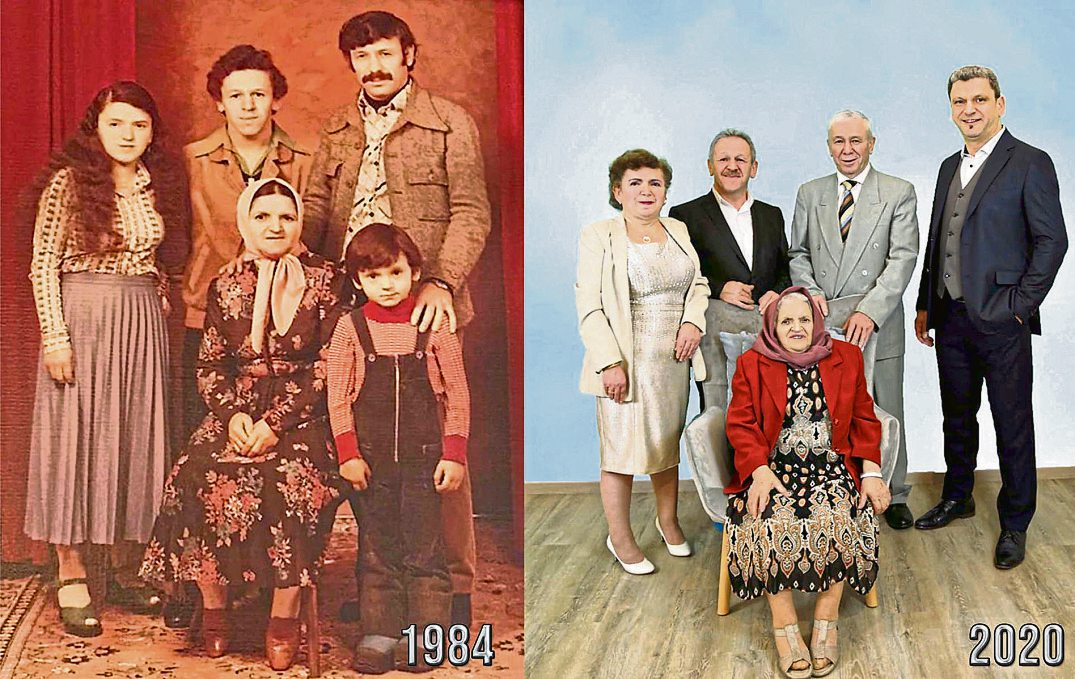 Zeitreise mit der Einwandererfamilie Altun (auf beiden Bildern von links nach rechts): Rasiye Altun, Bruder Yilmaz Altun, Mama Dürüye Altun (sitzend), Papa Dursun Altun und Ozan Altun (1981 vorn, 2000 ganz rechts). Foto: Ozan Altun