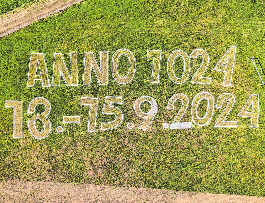 Mit einem großen ins Gras gemähten 1000-Jahre-Sulzbach-Schriftzug machte Fest-Organisator Fritz Jäger auf dem Ausweichsportplatz in Sulzbach Werbung für das anstehende Jubiläum. Die enormen Buchstaben und Zahlen waren kaum zu übersehen. Zu den Feierlichkeiten ist der Standort Teil des Festplatzes. Foto: privat