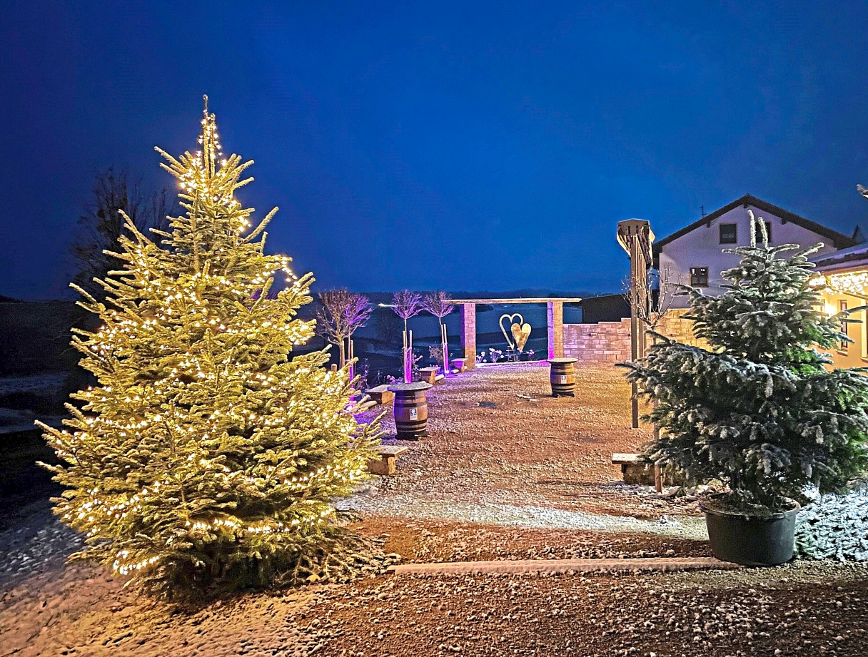 Auch im Winter bietet die wunderbare Freifläche hinter dem Gasthaus viele Möglichkeiten für Empfänge und Veranstaltungen im Freien.