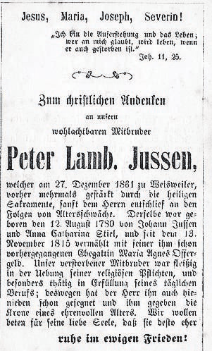 Eine typische Quelle: TotenAnzeige des Peter Lambert Jussen von 1861. FOTO: ESCHWEILER GESCHICHTSVEREIN