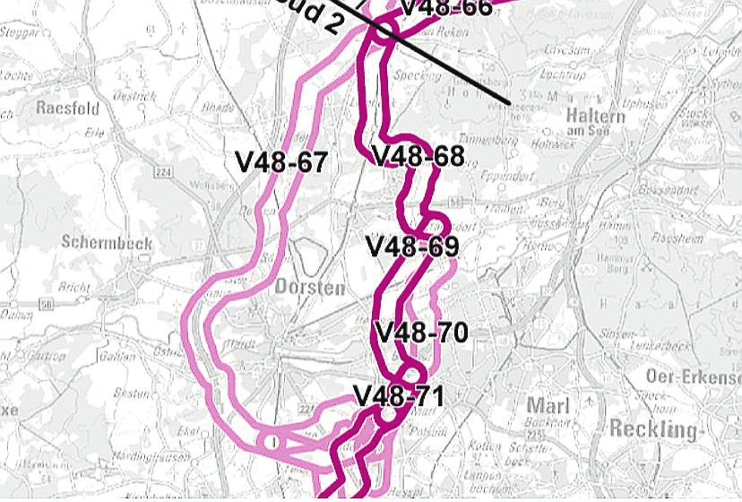 Die Karte zeigt den dunkler markierten Korridor für die Stromtrasse, den Amprion im Bereich Dorstens bevorzugen würde. FOTO AMPRION