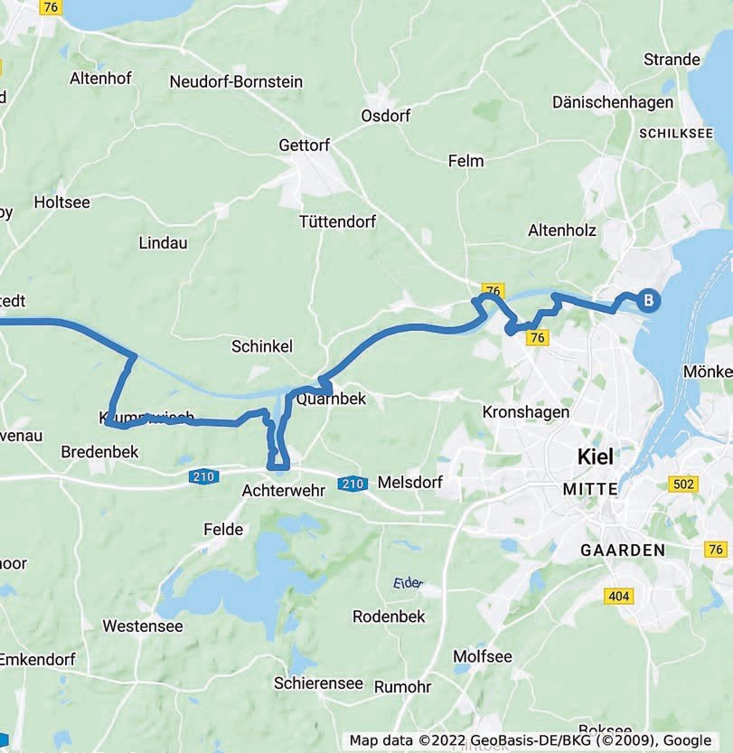 Diese Strecke legte unsere Autorin am Nord-Ostsee-Kanal zurück. Sechseinhalb Stunden ließ sie sich dafür Zeit, allerdings mit mehreren Pausen. KARTE: GOOGLE 