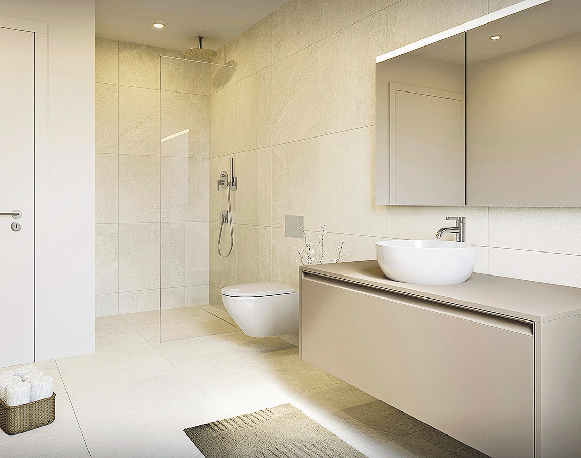 Badezimmer mit hochwertiger Ausstattung. Visualisierung: Blue Milk Studio AG
