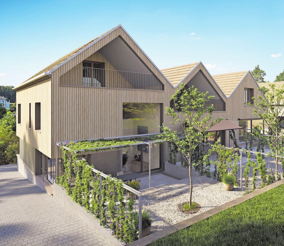 Durch versetzte Aussenräume, gezielte Fensterausrichtung und Sichtschutz entsteht viel Privatsphäre.