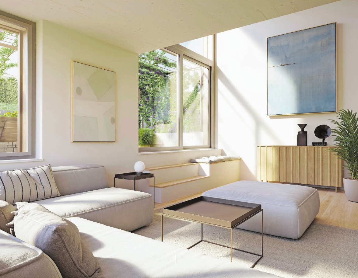 Lichtdurchfluteter Wohnraum mit harmonischer Verbindung zwischen Innen und Aussen.