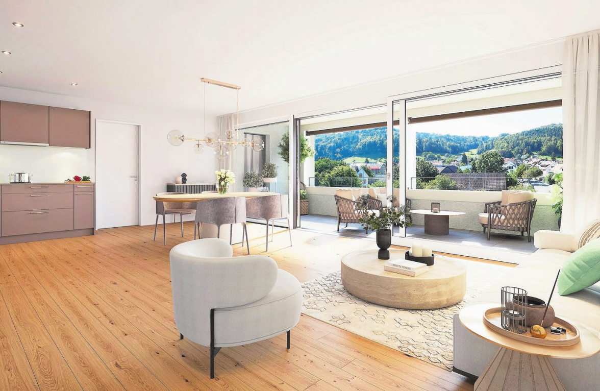Raumhohe Fensterfronten lassen viel Licht in die Wohnräume. Visualisierung: Swiss Interactive AG